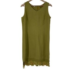 Pictures‎ Olive Green 100% Linen Embroidered Scalloped Hem Shift Dress Vintage M